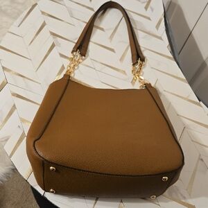 SevenDays Dark Tan Vegan Shoulder Bag 2 Handle Gold Chain 3 Section Like New